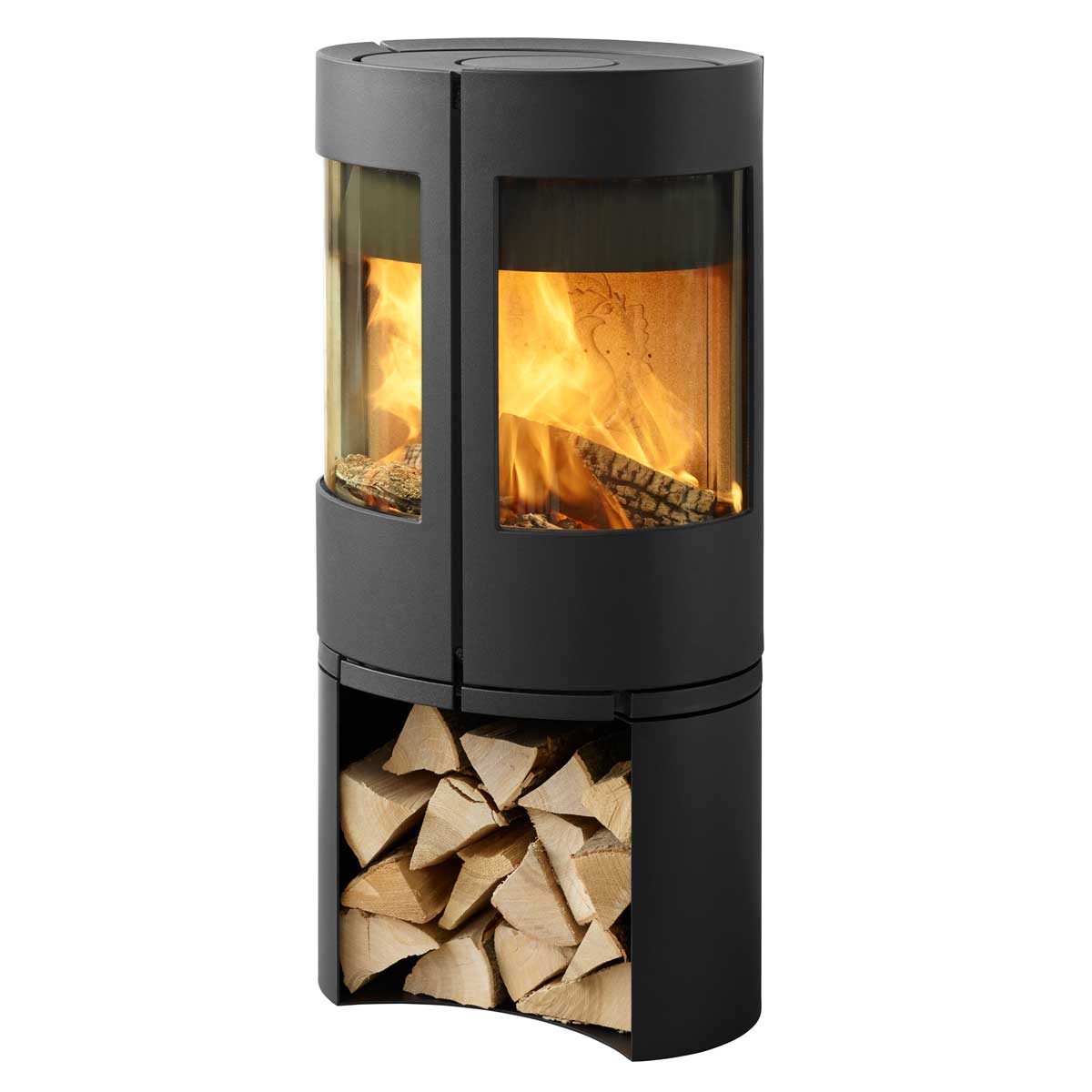 Morso 6643 freestanding wood fire with timber storage underneath