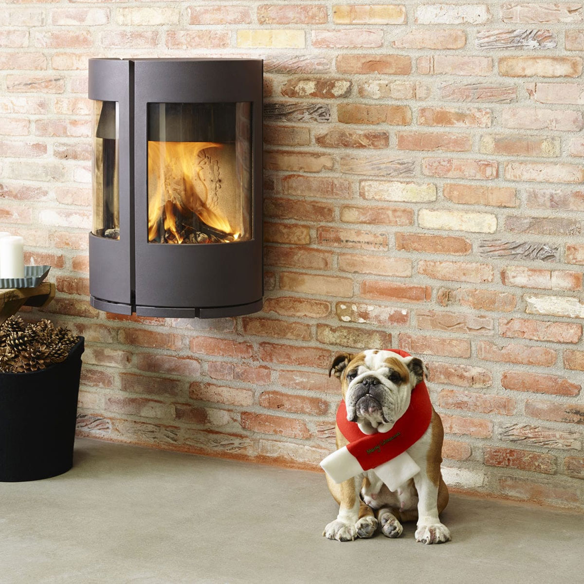 Morso 6670 wall hung wood heater with bulldog sitting next to it