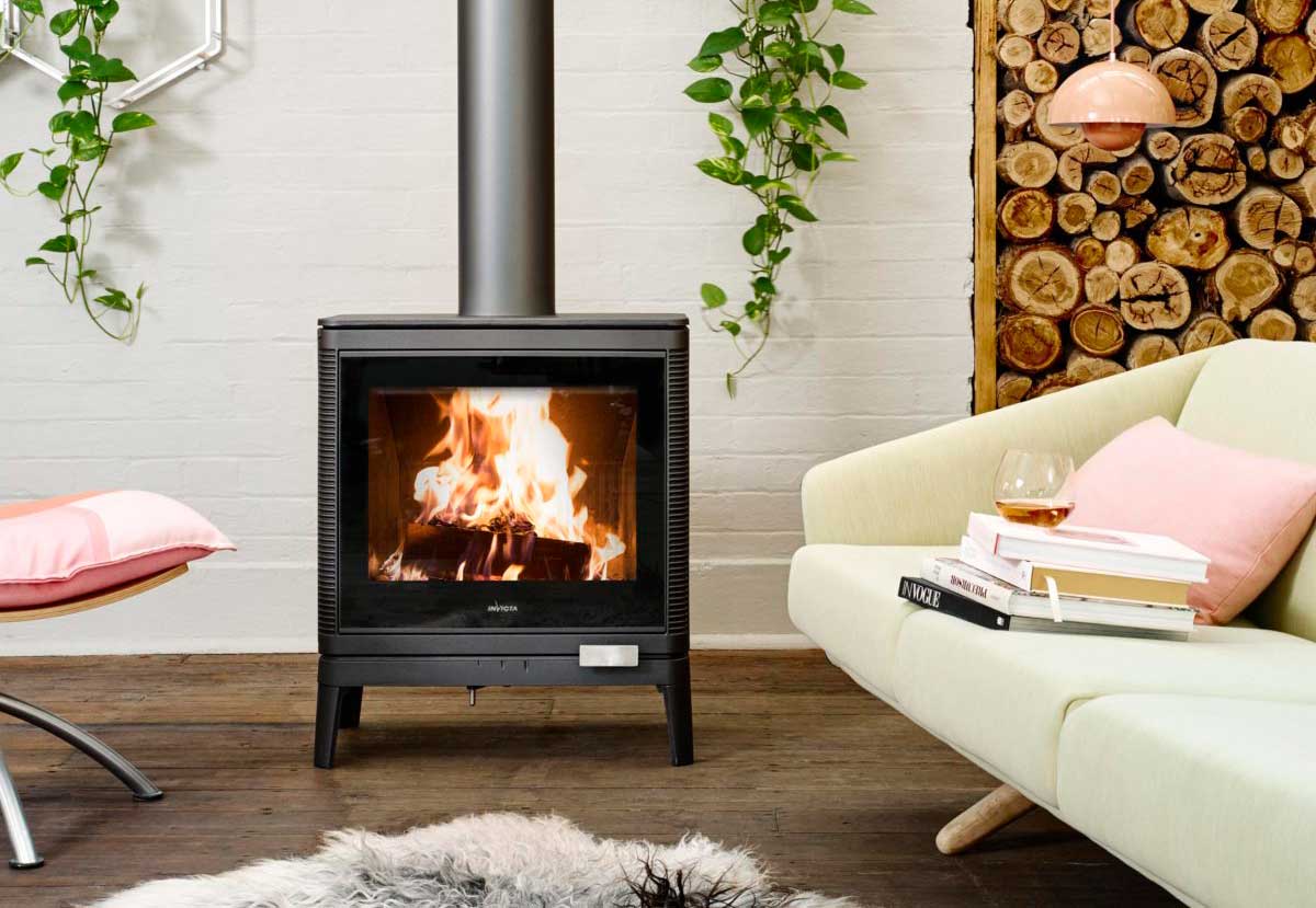 Square wood heater in stylish lounge room setting