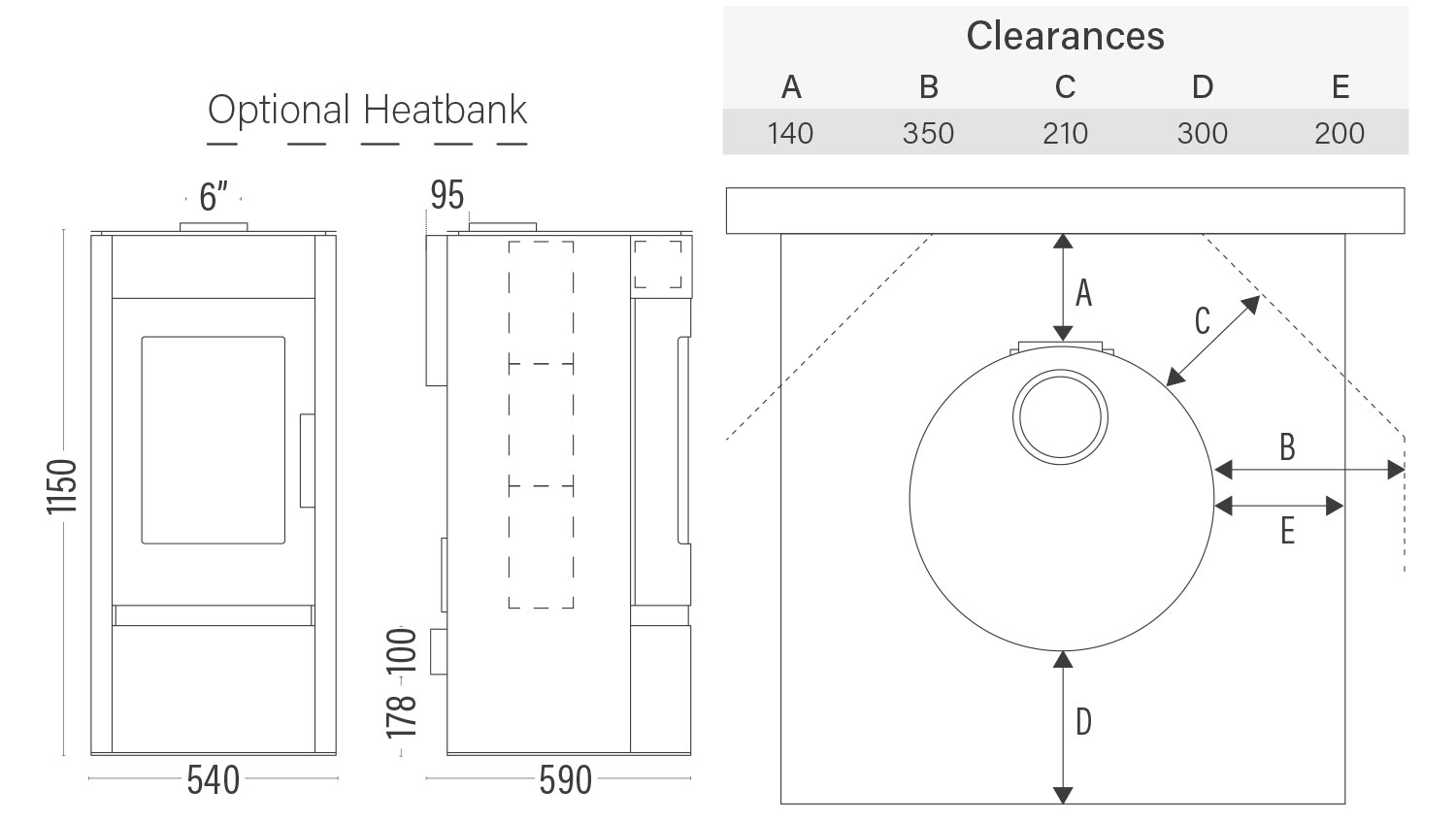 Euro Olbia dimensions and clearances with optional heatbank