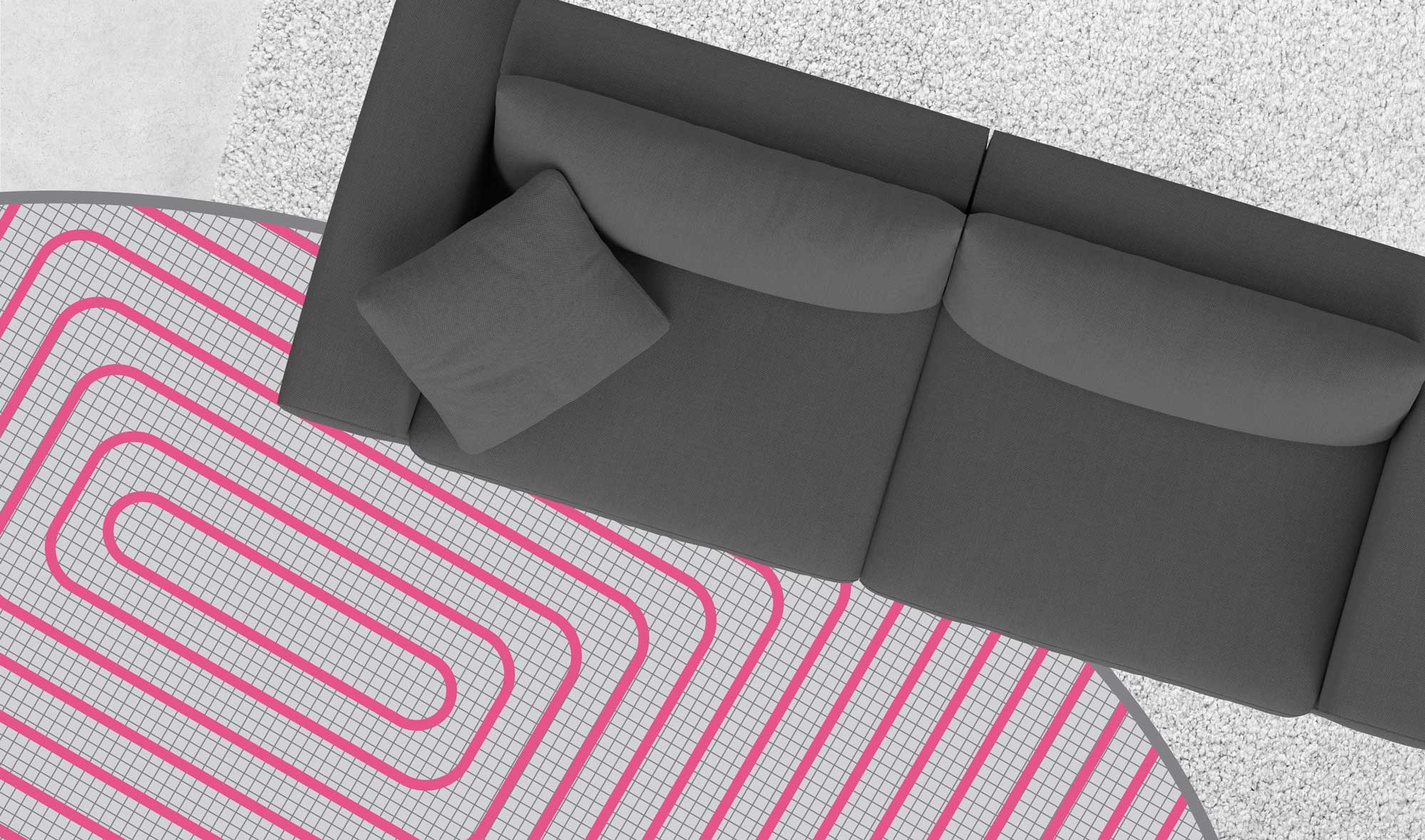 Image compilation of dark lounge suite, light grey carpet and pink hydronic heating coils