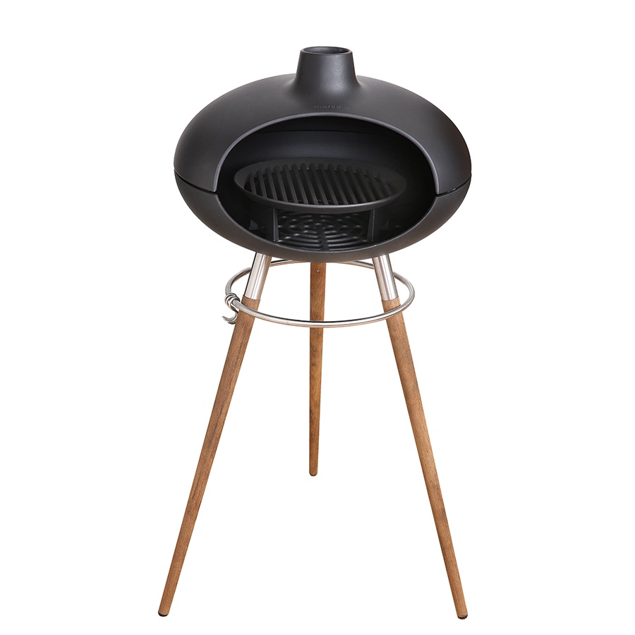 Morso Forno grill and outdoor oven on timber tripod legs front view