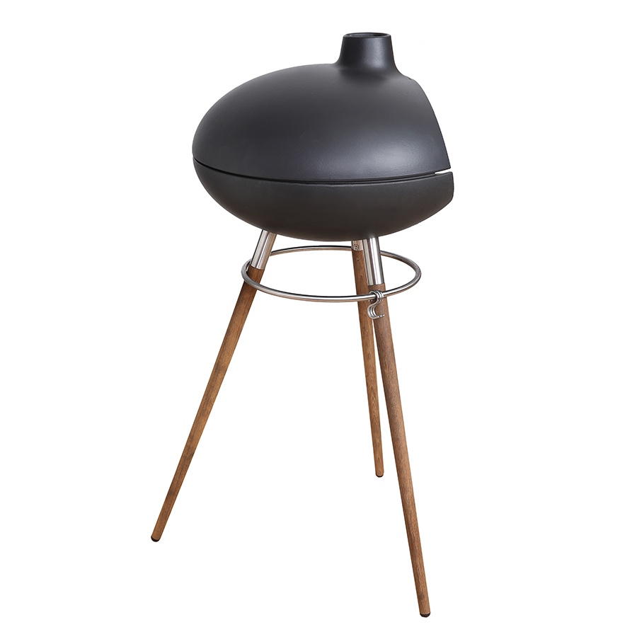 Morso Forno grill and outdoor oven on timber tripod legs side view