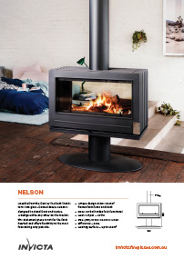 Freestanding two way wood heater with words Invicta Nelson and technical diagram with dimensions