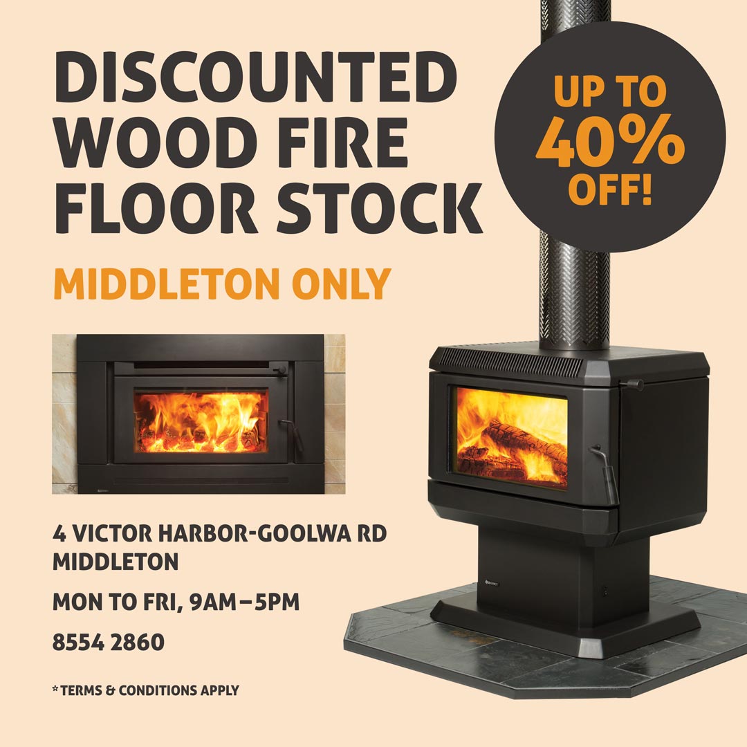 Regency wood fire insert and freestanding wood heater with the words discounted wood fire floor stock middleton only up to 40 per cent off