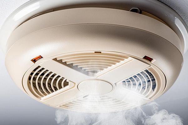 smoke alarm mounted on ceiling with smoke rising up to it